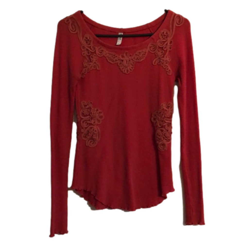 Free people orange thermail embroidered long sleeve top fitted S